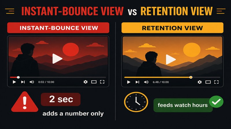Instant-bounce YouTube view that adds only a number versus a retention view that feeds watch hours — GreatSMM view quality explained