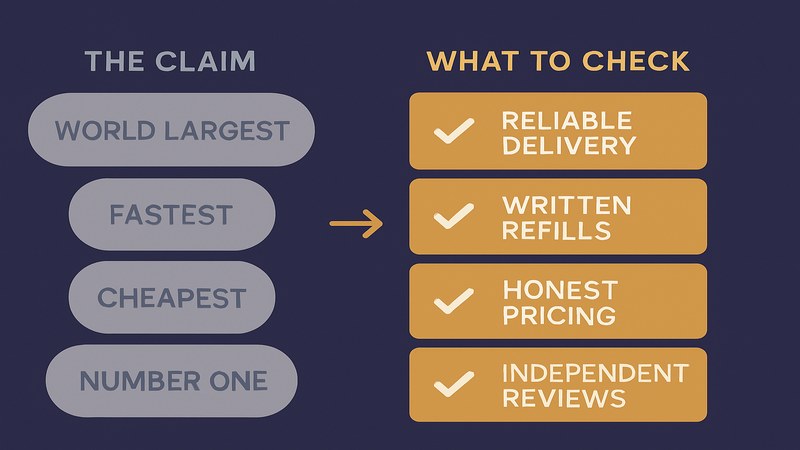 SMM panel marketing claims like world largest, fastest and cheapest set against the checkable factors of reliable delivery, written refills and independent reviews — GreatSMM explained