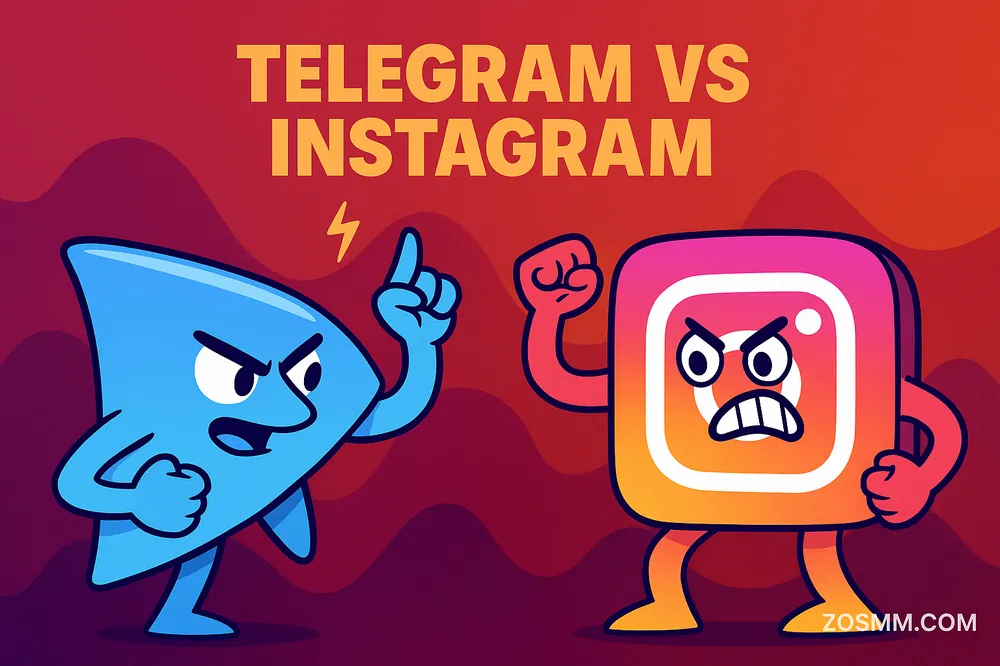 Telegram vs Instagram: Which Is Better in 2025? Cartoon comparison between Telegram and Instagram icons with contrasting uses