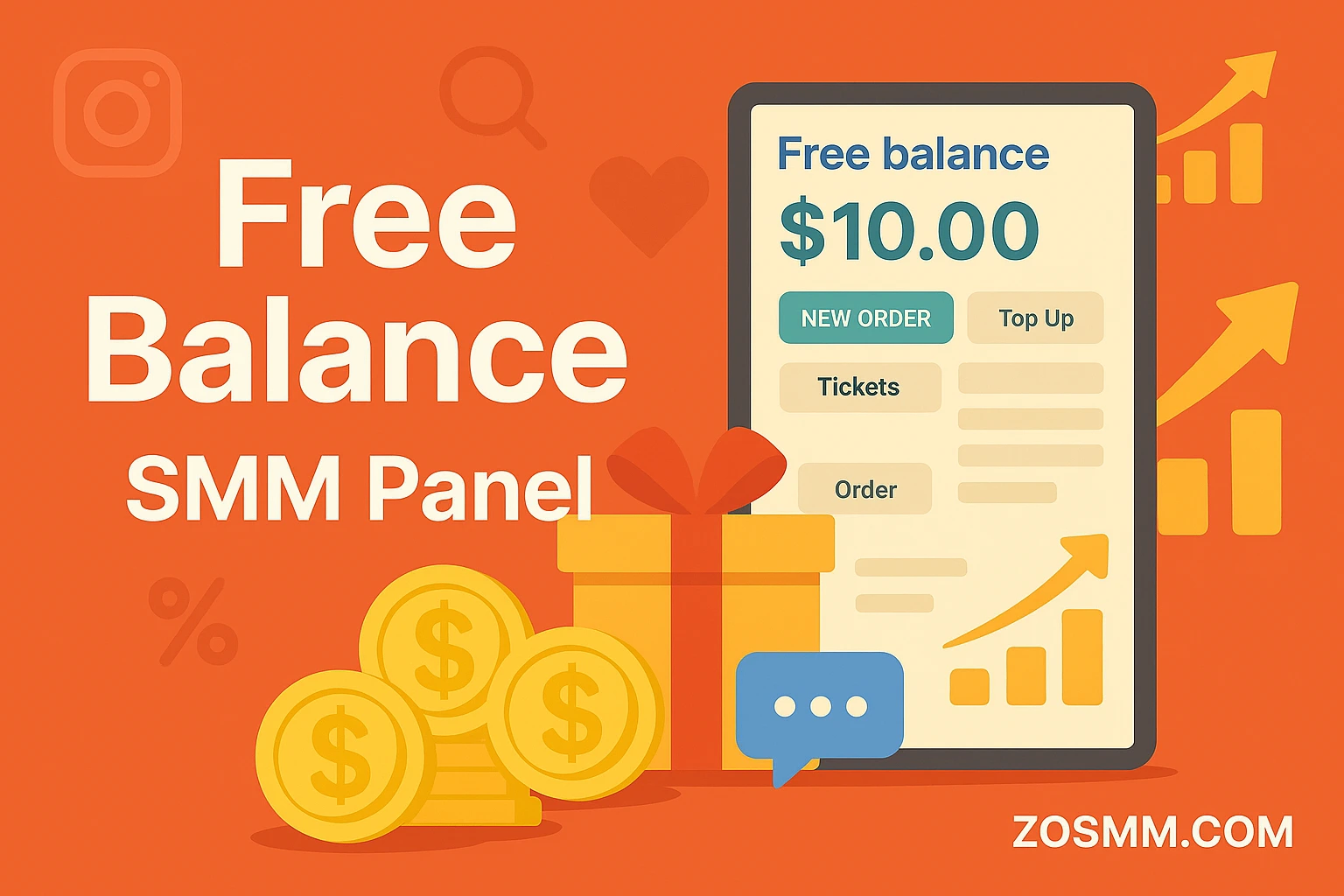 Free Balance SMM Panel - Colorful Dashboard with Gift, Free Coins, User Avatar and ZOSMM Panel Open on Screen