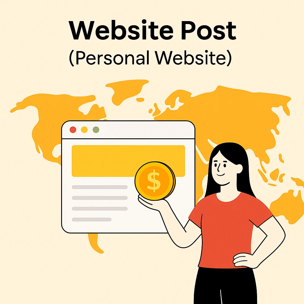A woman holding a dollar coin in front of a website window and a world map, representing earning money by posting on personal websites.