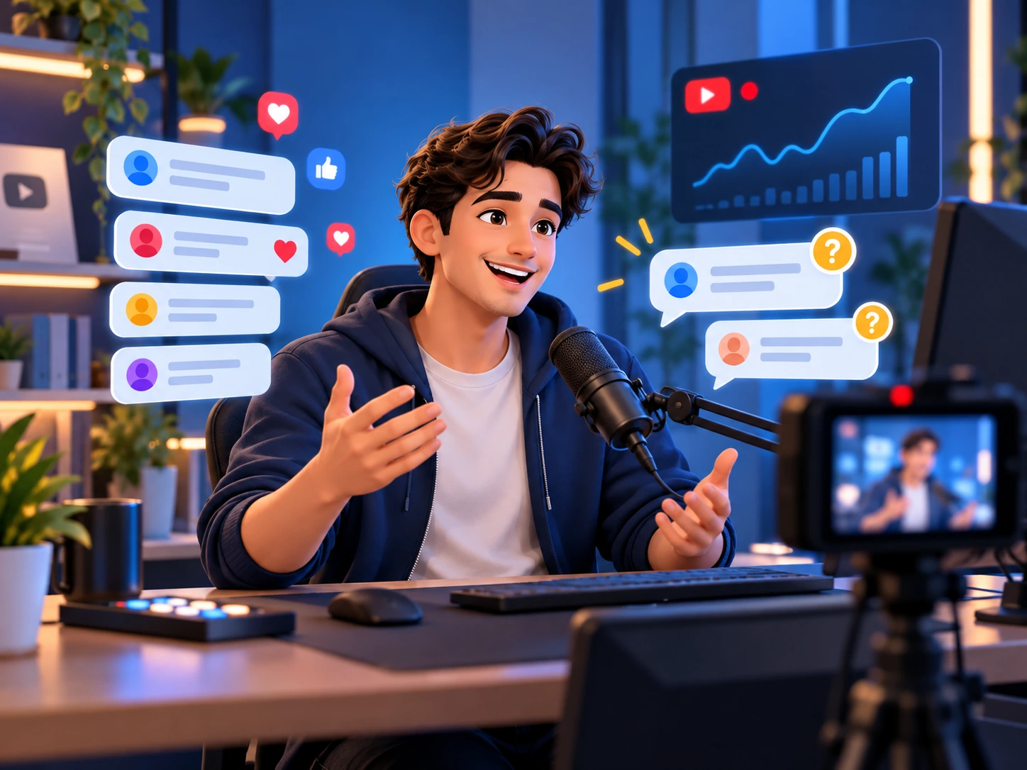 YouTube livestream host interacting with live chat and audience questions