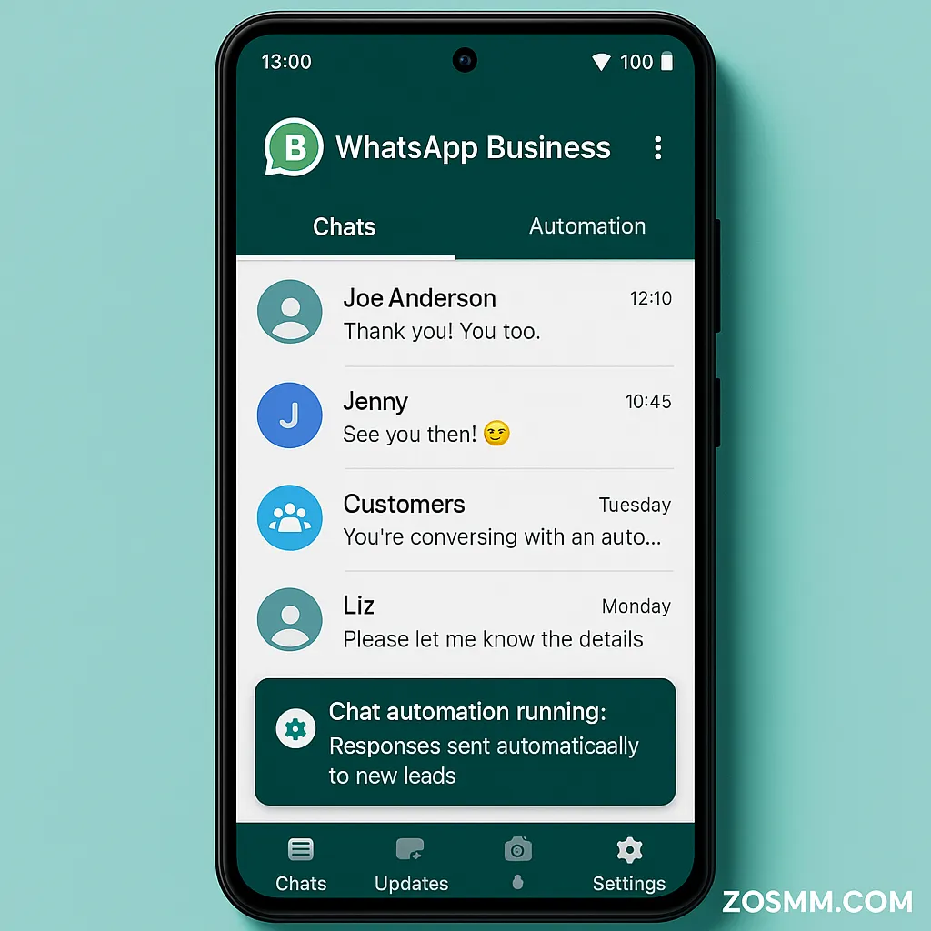 WhatsApp Business interface with chat automation WhatsApp Business chat interface showing automated replies and user conversations on a smartphone screen