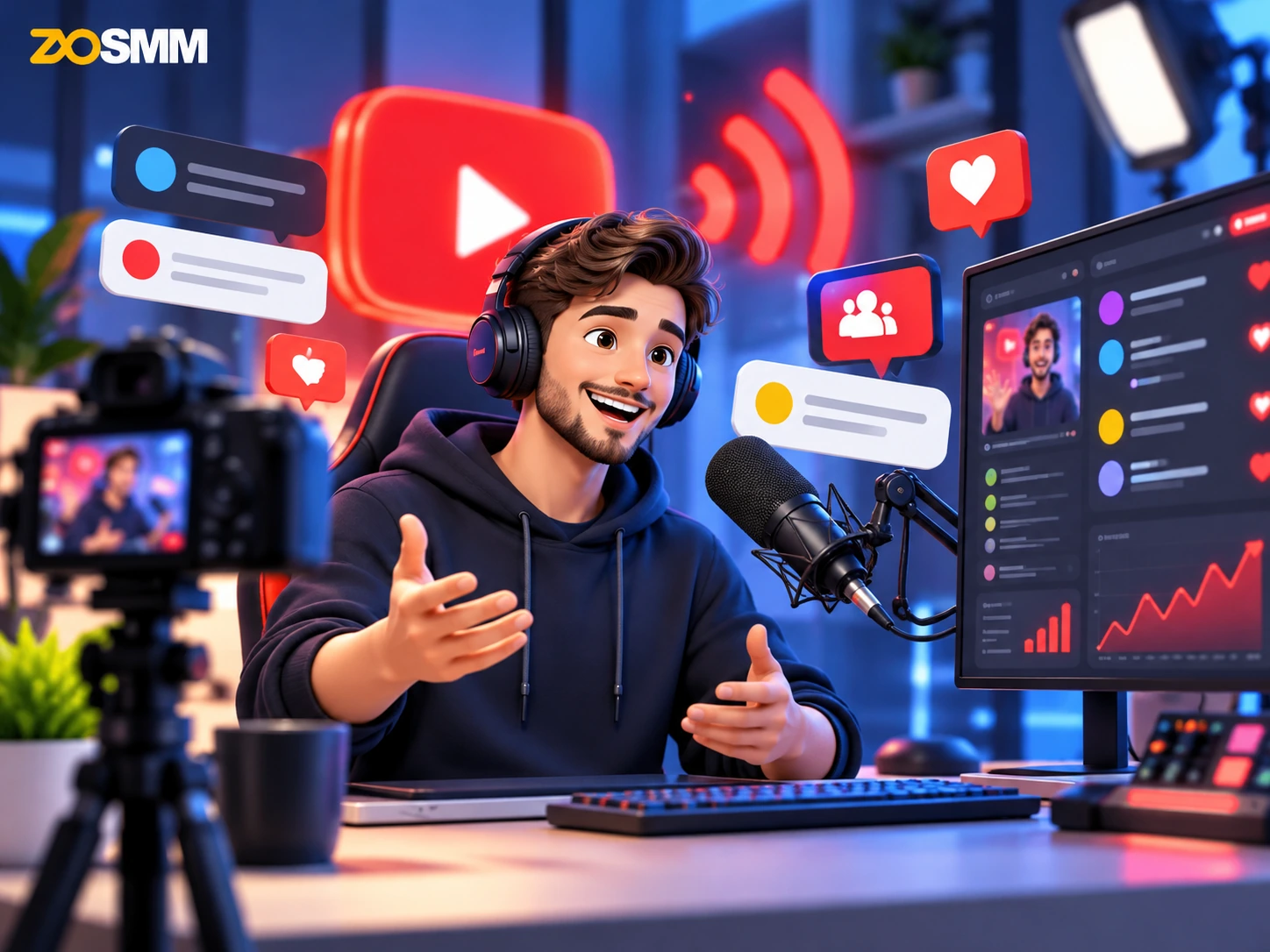 Content creator managing a YouTube livestream with live chat and viewer analytics