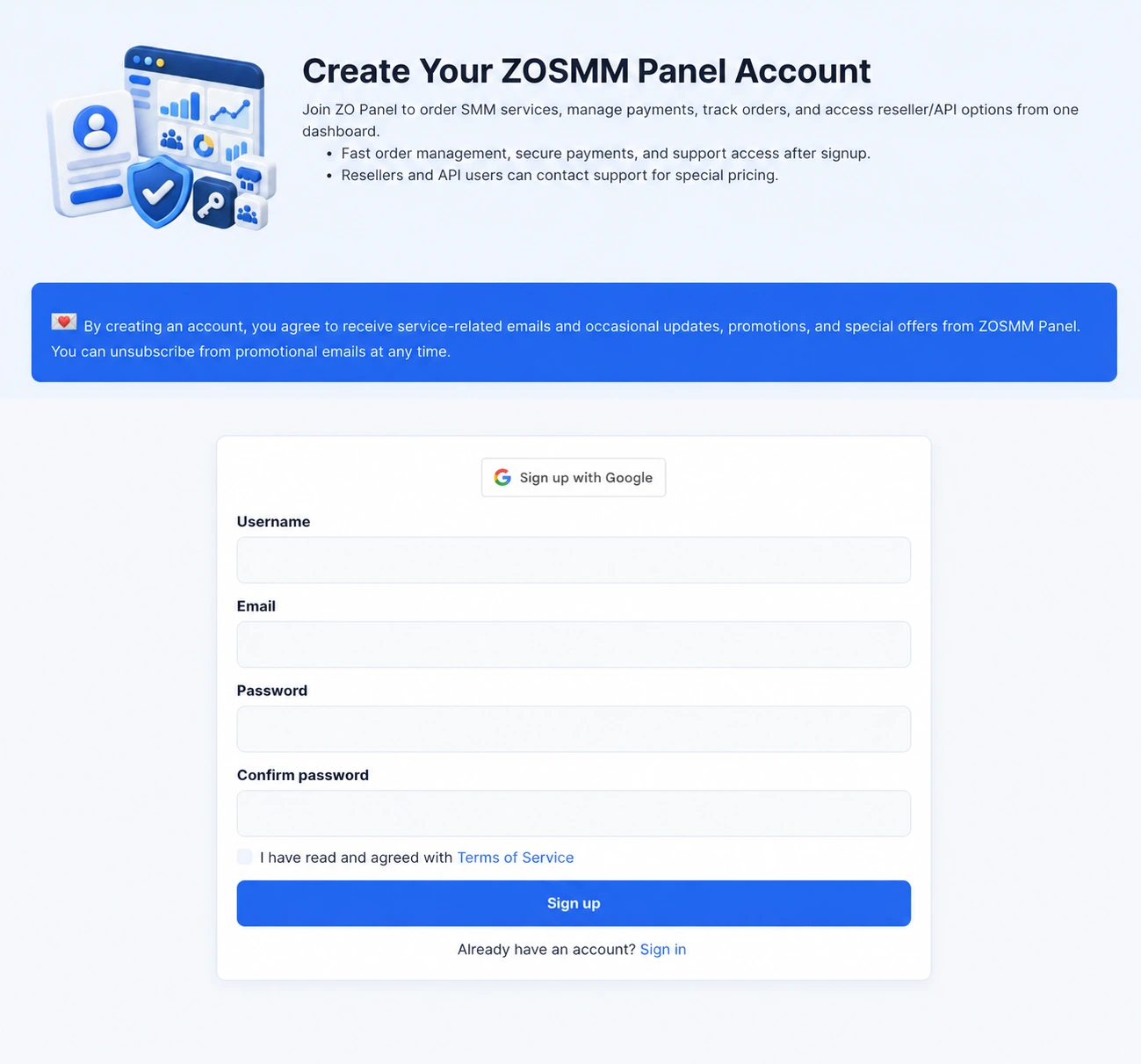 ZOSMM signup form for creating and verifying a new panel account