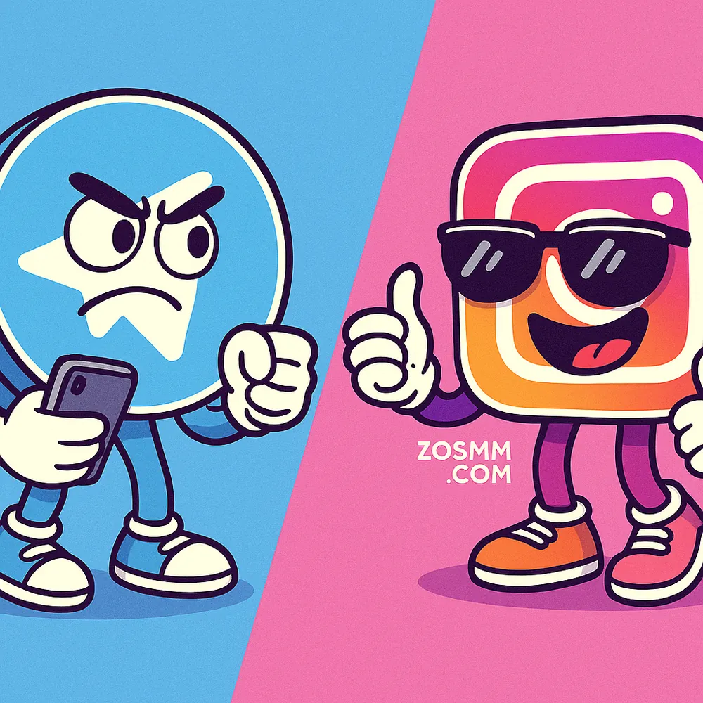 Telegram vs Instagram Cover Illustration Cartoon comparison between Telegram and Instagram icons with contrasting uses