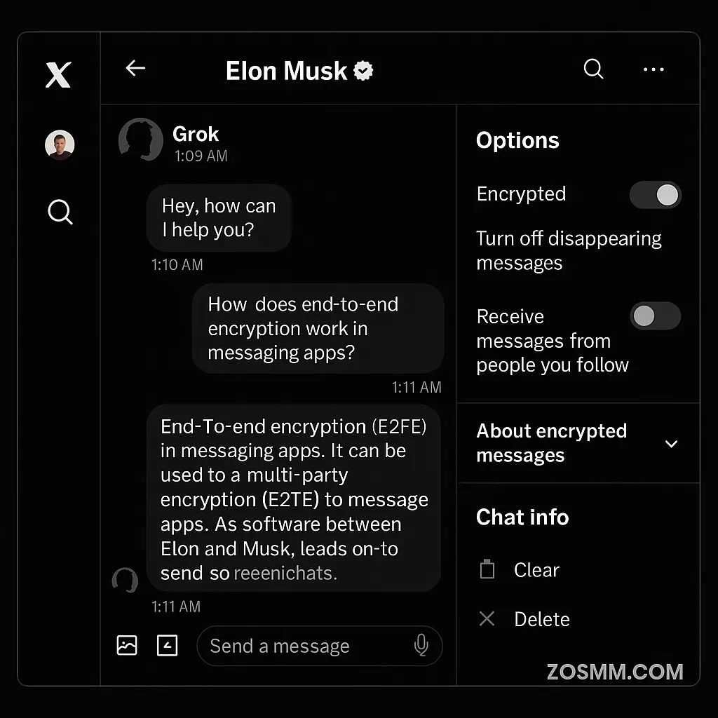 XChat User Interface Overview Screenshot showing Elon Musk’s XChat interface on the X platform