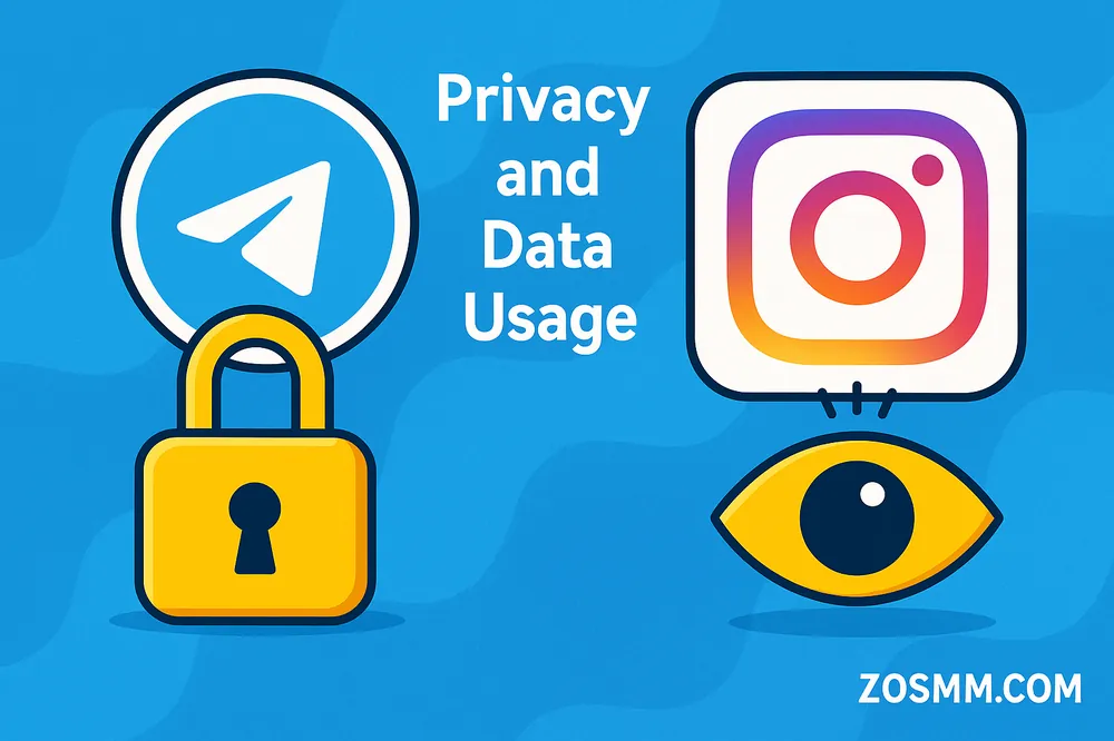 Privacy and Data Usage Side-by-side metaphor of Telegram lock and Instagram eye showing privacy vs tracking