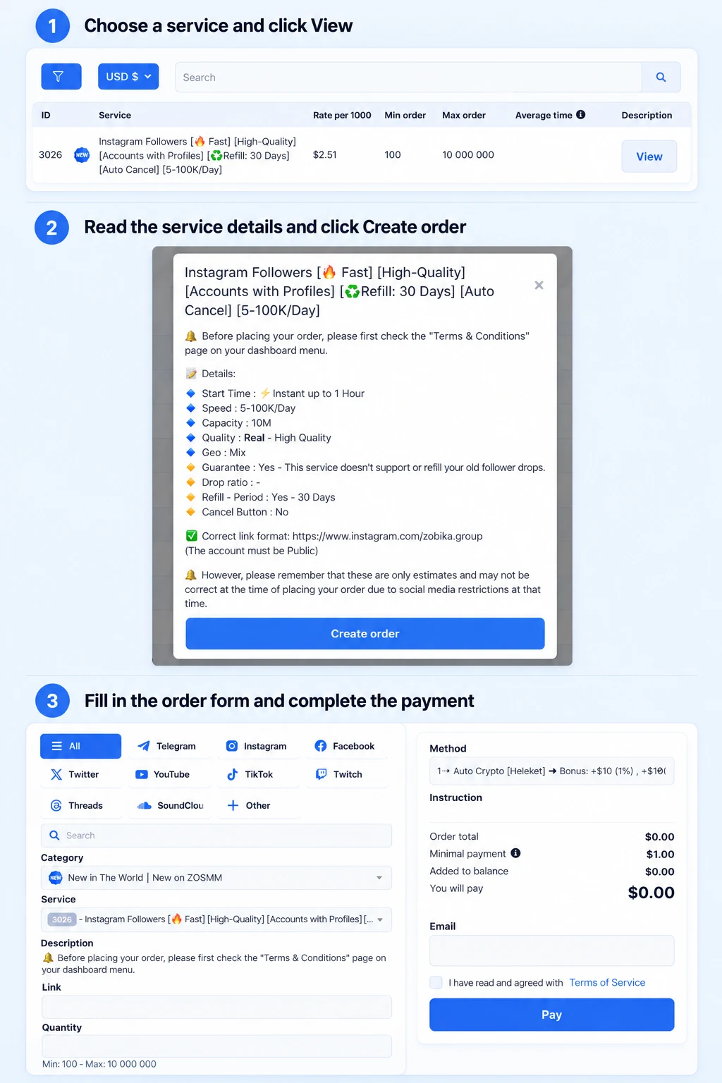 How to order SMM services from ZOSMM without creating an account