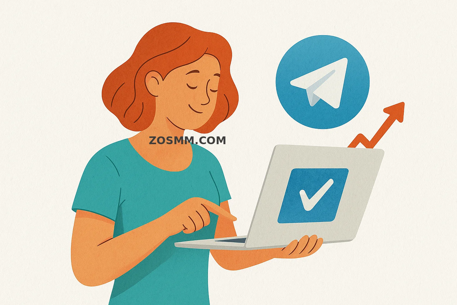 Simple Steps to Buy Telegram Subscribers Easily Illustration of a woman buying Telegram subscribers online through a laptop with ZOSMM.COM branding