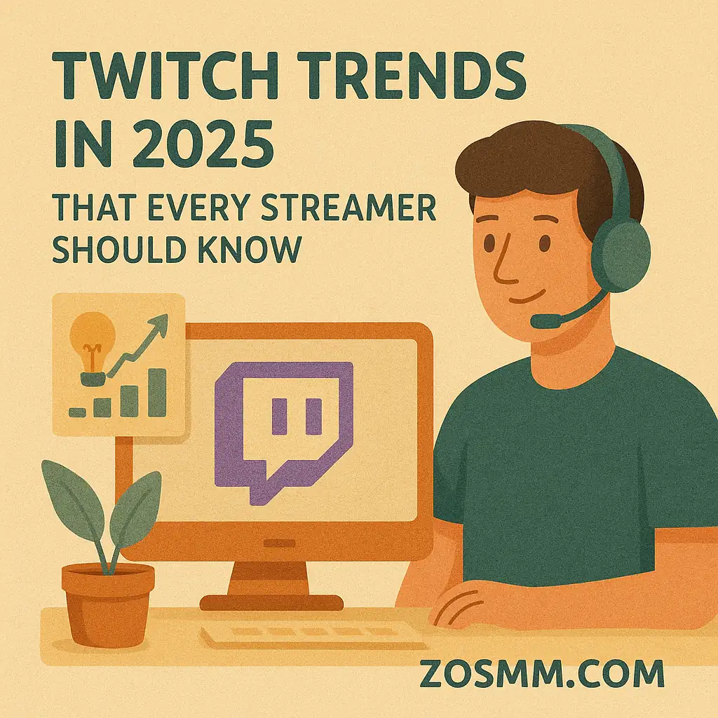 Twitch Trends 2025 | What's New in Streaming This Year A friendly Twitch streamer with headset beside a monitor showing the Twitch logo and growth icons, promoting 2025 trends for streamers – ZOSMM.COM