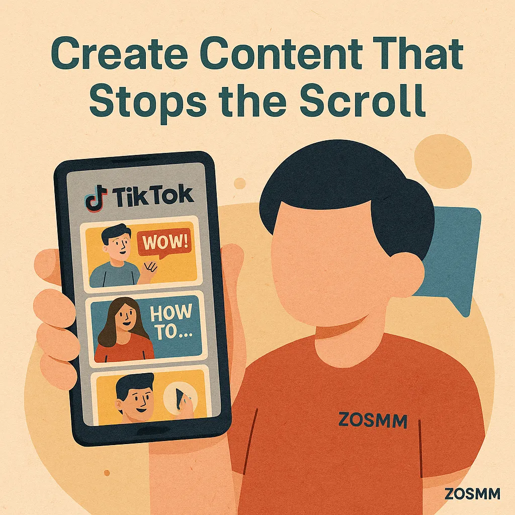 Scroll-Stopping TikTok Content Design A mobile screen showing engaging TikTok thumbnails and text overlays