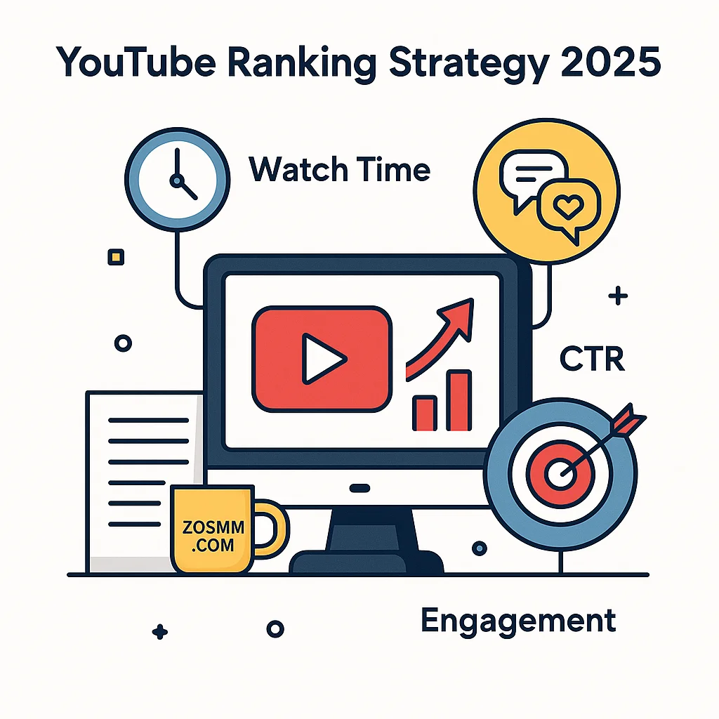 YouTube Ranking Strategy 2025 Visual strategy chart showing ranking factors like watch time, CTR, engagement