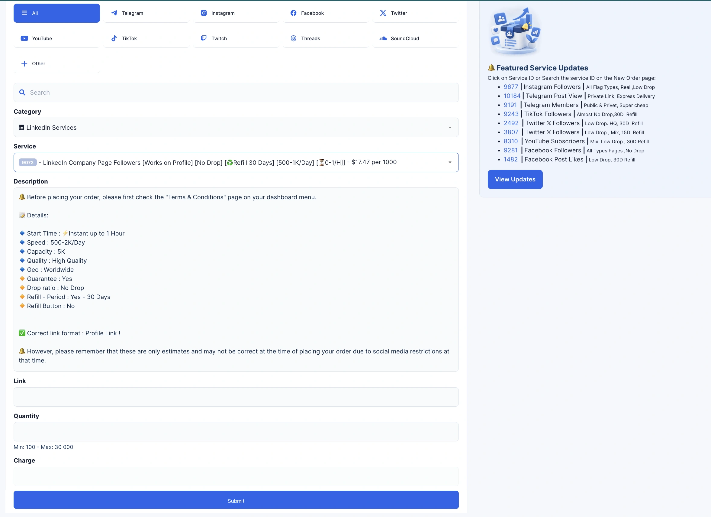 ZOSMM New Order page with service categories and recommended services
