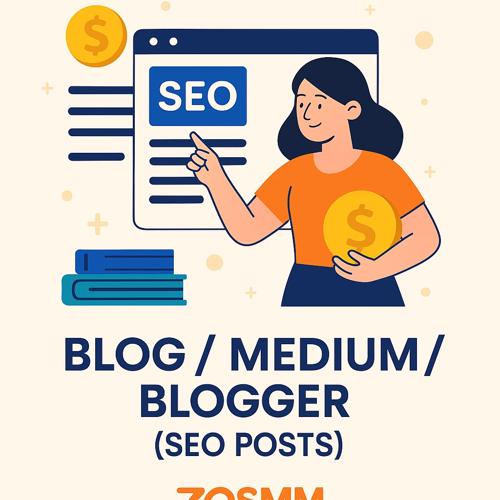 Illustration of a woman pointing at an SEO blog post with a dollar coin, representing earning money via SEO posts on Medium or Blogger platforms.