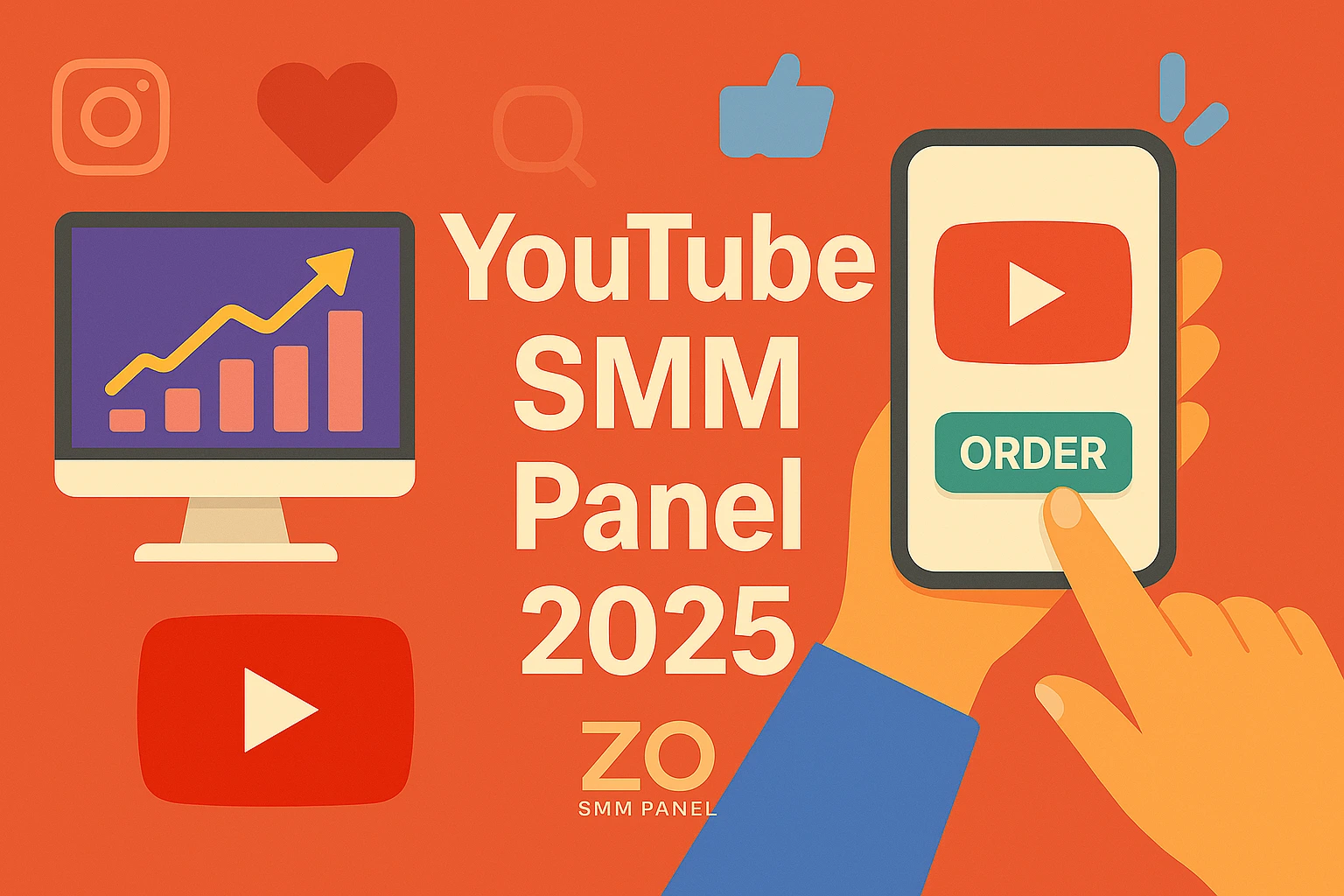 YouTube SMM panel dashboard illustration for 2025, showing real subscriber growth, analytics, and ZOSMM branding