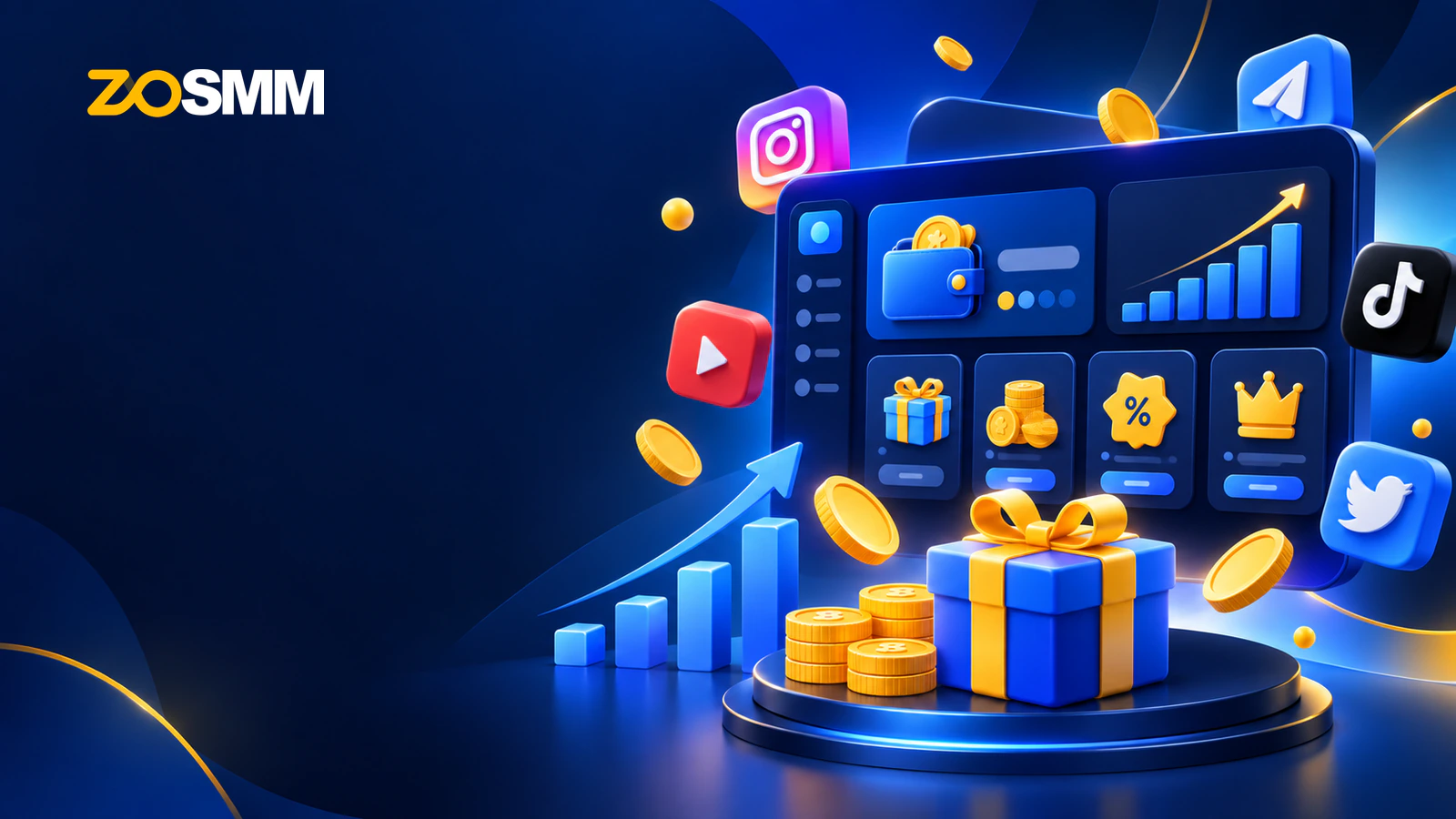 Free SMM panel bonuses and rewards with gift box, coins, and social media dashboard