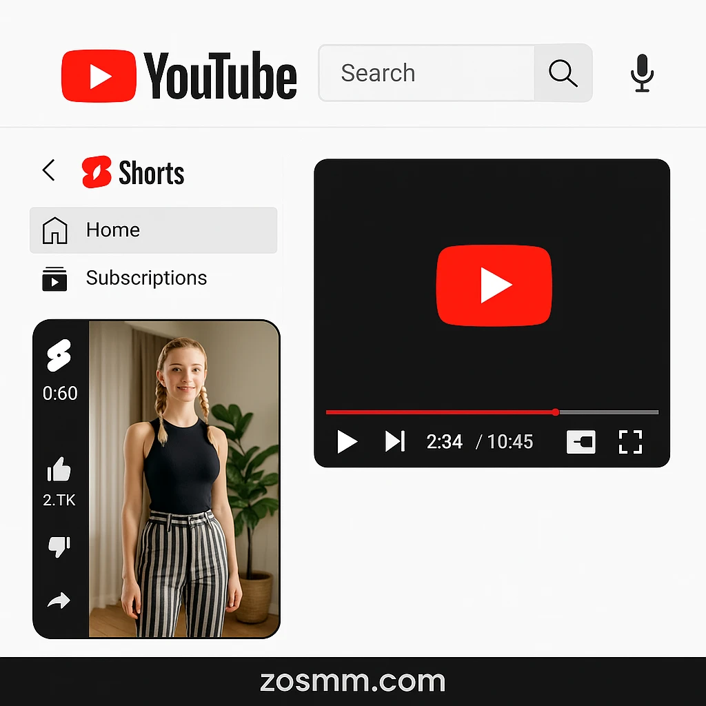 YouTube Shorts and video player interface YouTube interface showing Shorts video section with engagement icons and a video playback panel