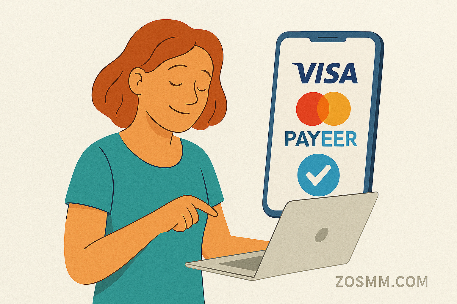 Purchase Telegram Members via Payeer Gateway Illustration of a woman using a laptop with Visa, MasterCard, and Payeer payment options for buying Telegram members
