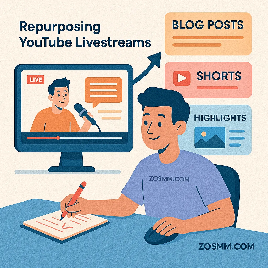 Repurposing YouTube Livestreams A content creator turning a livestream into blog posts, Shorts, and highlights
