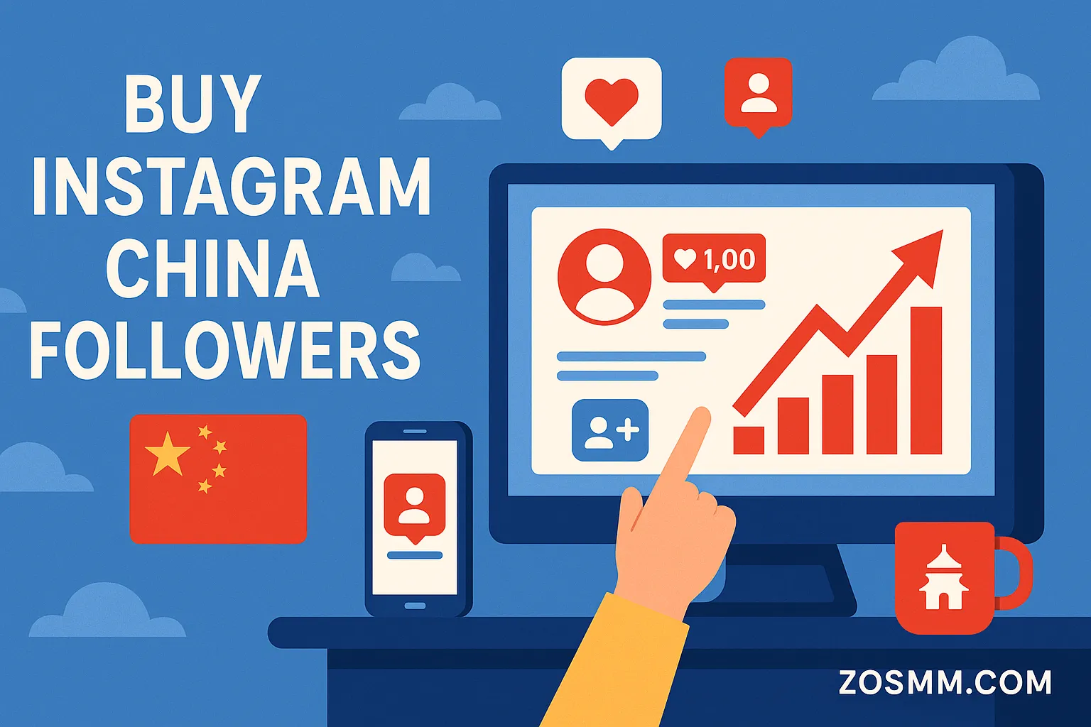 Flat-style promotional graphic illustrating the concept of buying Instagram followers from China with visual elements of growth and digital strategy.