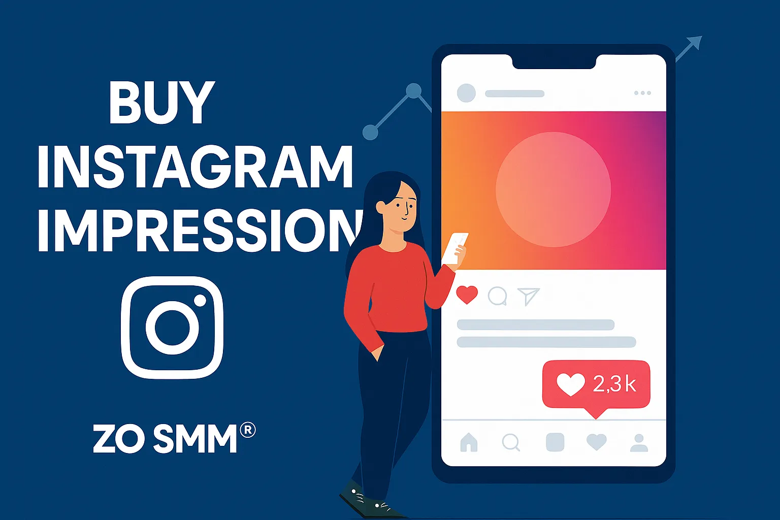 Horizontal banner promoting Instagram Impressions service via SMM Panel, featuring dashboard elements and digital growth icons