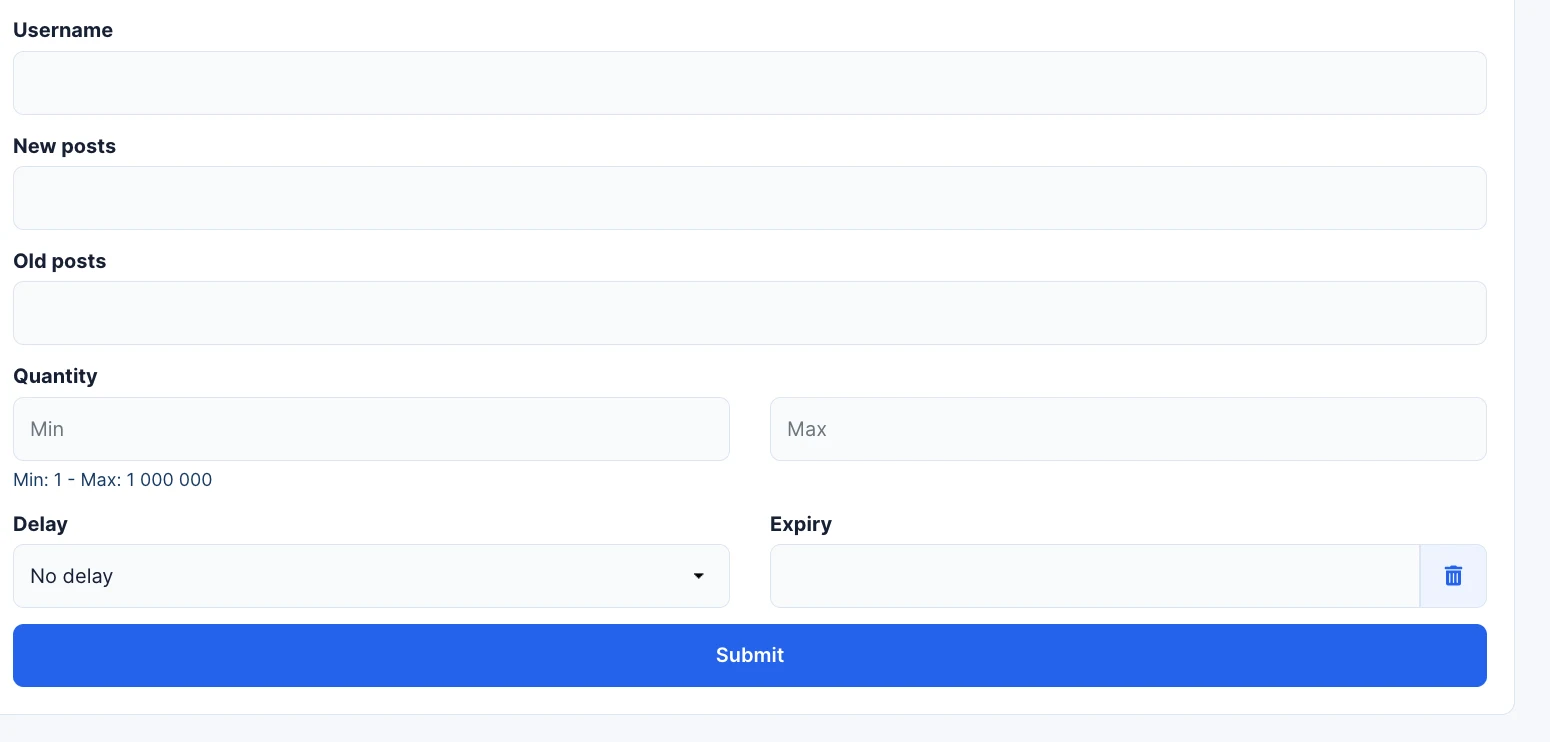 ZOSMM subscription order form with username, quantity, delay and expiry settings