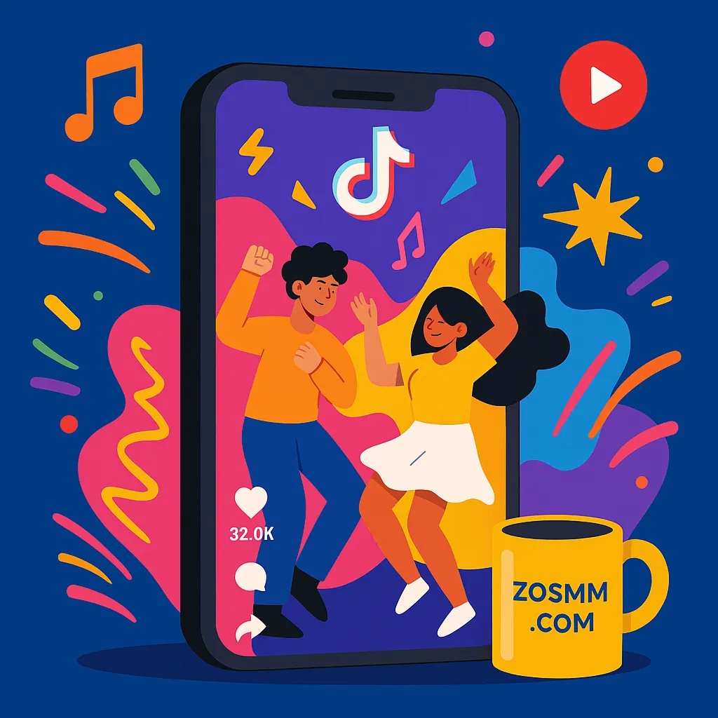 TikTok viral challenge 2025 Illustration of two characters dancing in a TikTok video on a smartphone, representing viral challenges and social media trends