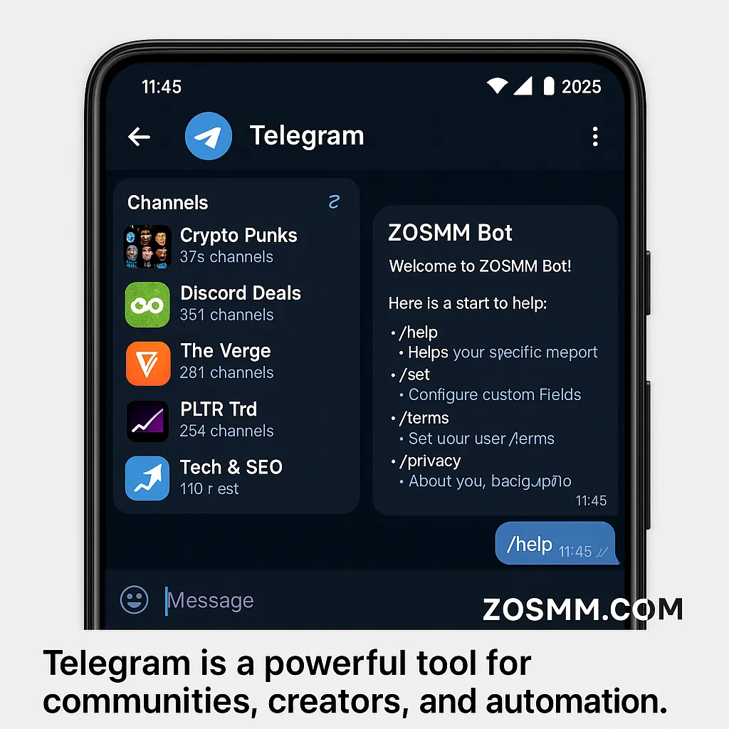 Telegram channels and bot interface Telegram mobile interface displaying community channels and a bot chat for automation features