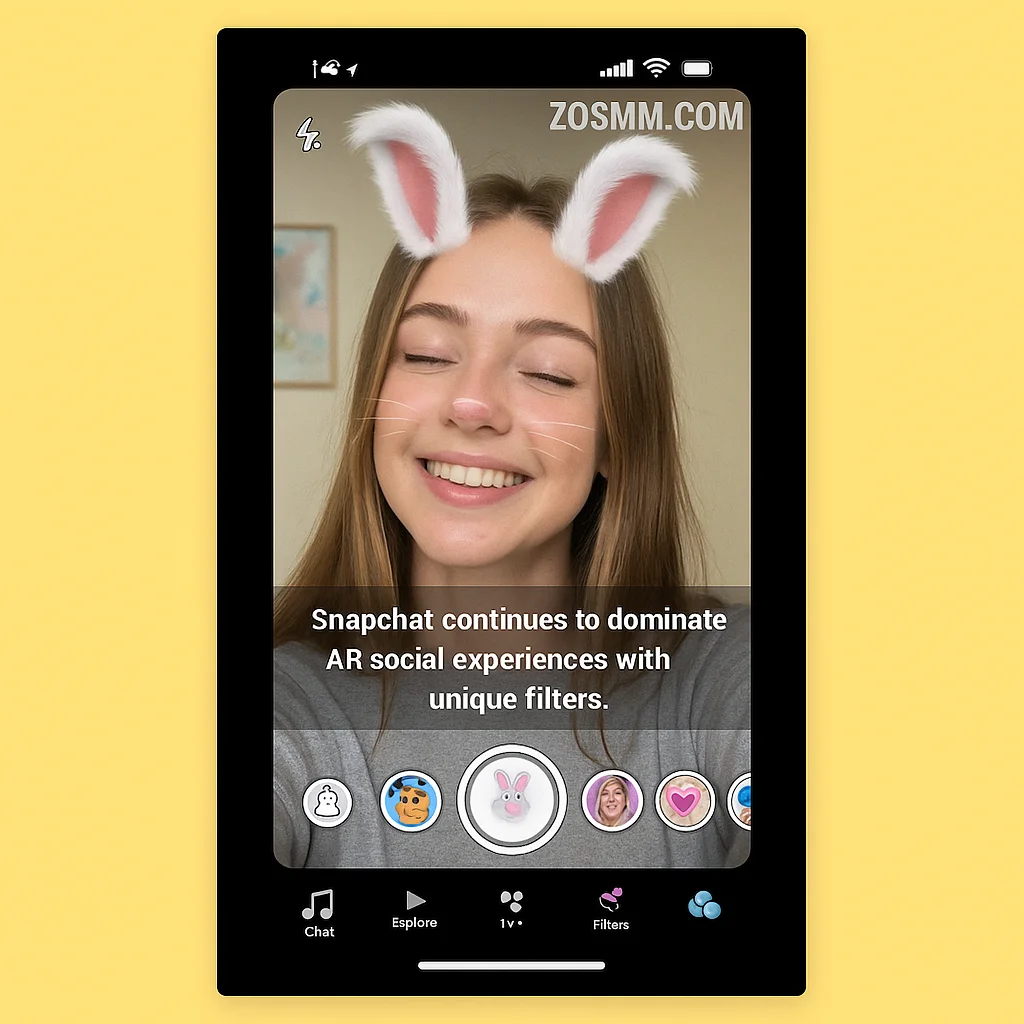 Snapchat filters in 2025 Snapchat interface showing a user applying AR bunny filter with lens selection panel