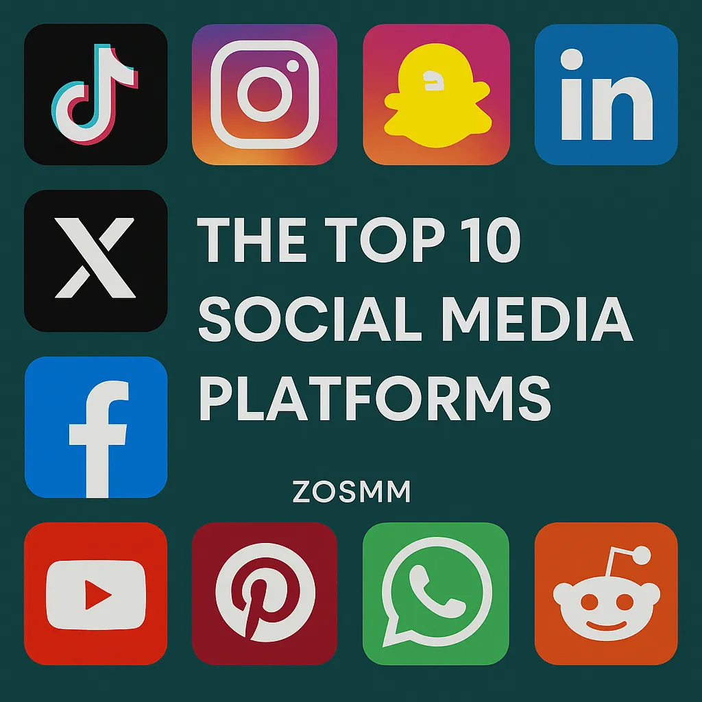 Logos of top 10 social media platforms in 2025 including Facebook, YouTube, Instagram, TikTok, WhatsApp, and more, arranged in a modern square collage with digital design.