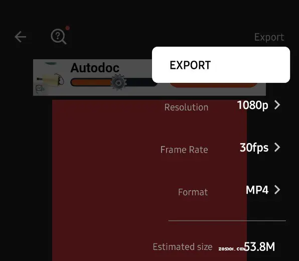 Export screen showing resolution, frame rate and platform sharing
