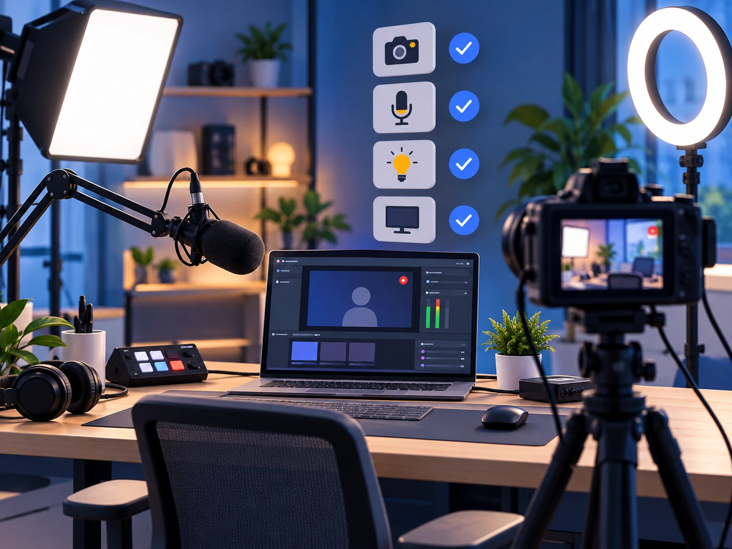 YouTube livestream setup with camera microphone lighting and streaming software