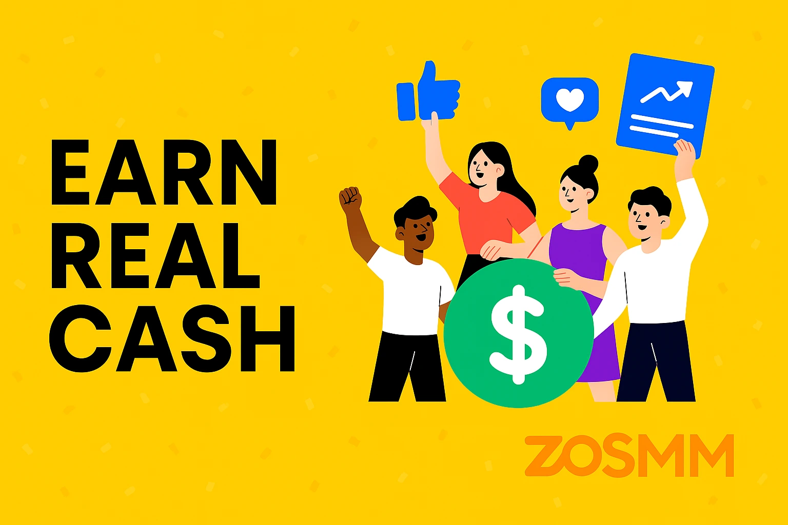 Colorful horizontal banner showing users earning real cash by sharing ZOSMM links on websites, YouTube, and social media platforms like Instagram and Twitter