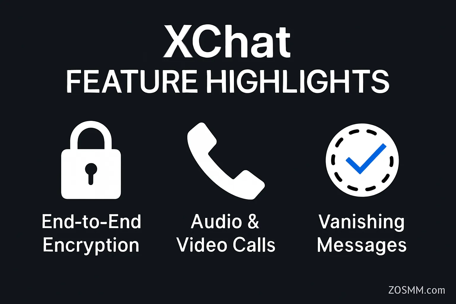 XChat Feature Highlights Icons representing features like encryption, calls, and disappearing messages in XChat