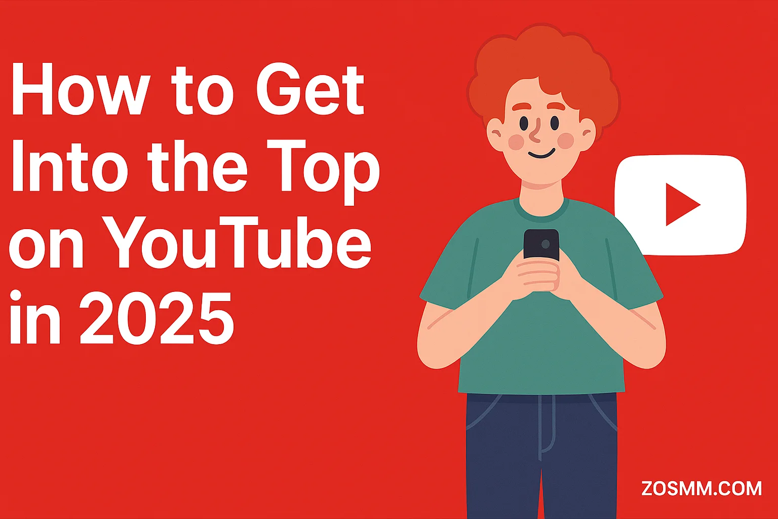 Illustration of a young man holding a phone with YouTube logo and red background, promoting how to get into the top on YouTube in 2025 — ZOSMM.com