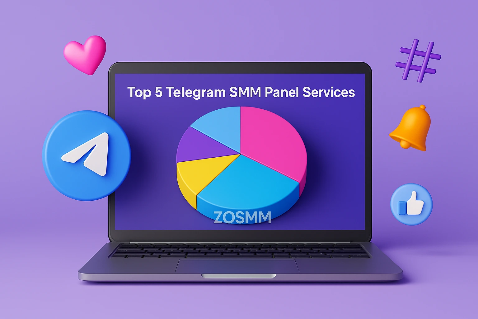 3D illustration showing top 5 Telegram SMM panel services including members, views, auto views, reactions, and comments with ZOSMM branding