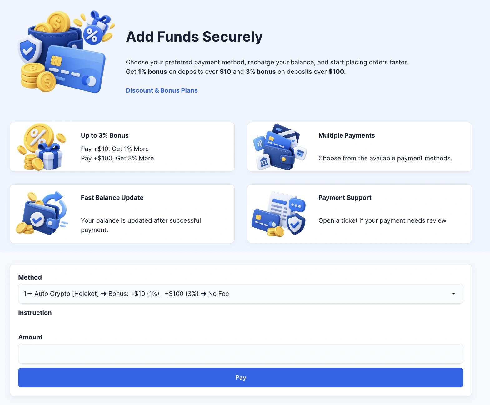 ZOSMM Add Funds page showing available payment methods and deposit instructions