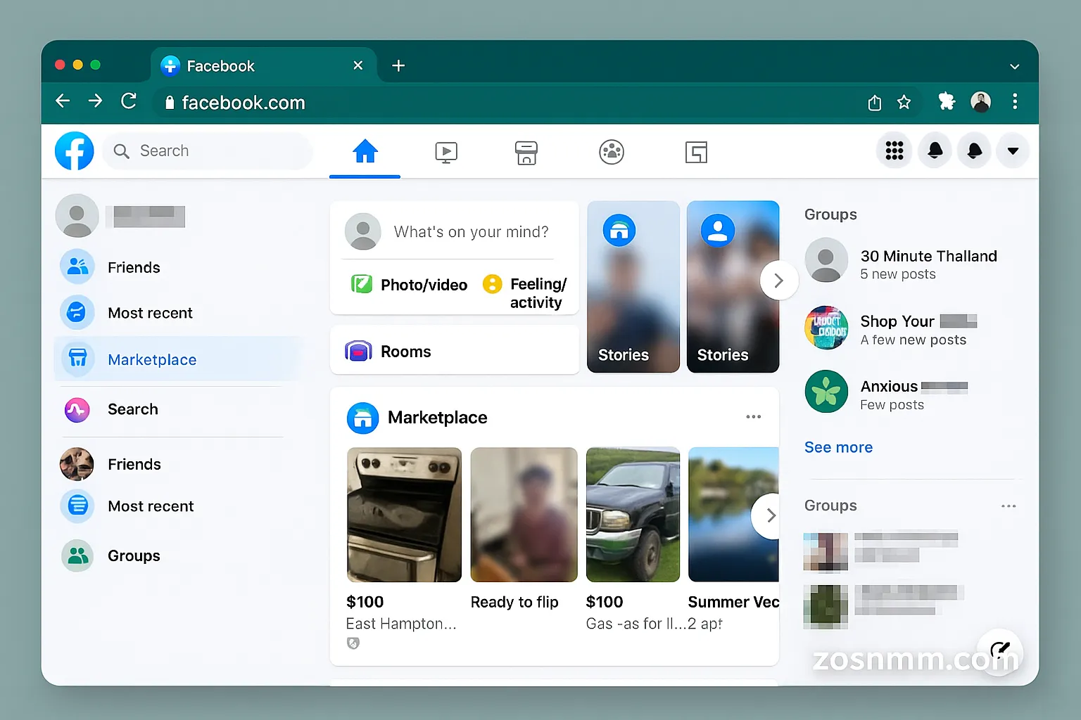 Facebook interface with Marketplace tab Facebook desktop interface showing Marketplace, Stories, and user groups menu