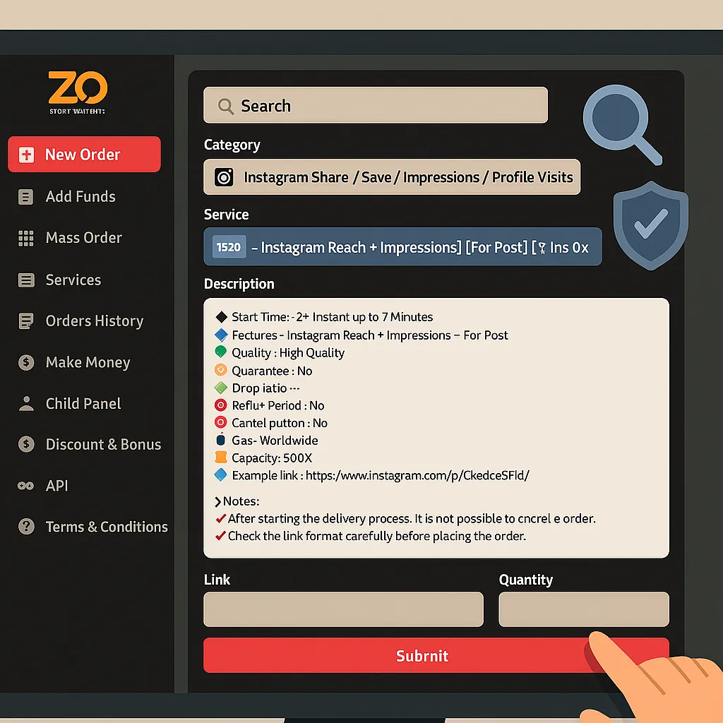 Dashboard showing steps to buy Instagram Impressions securely