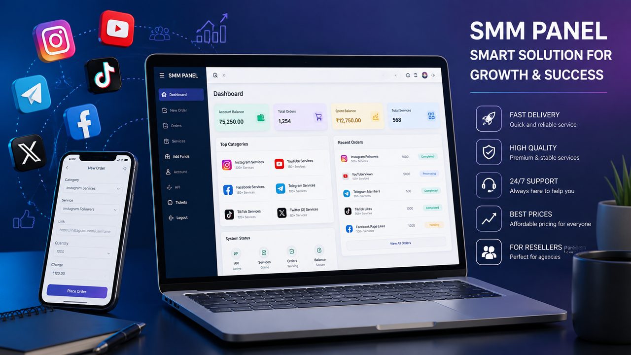 Digital marketer reviewing an SMM panel dashboard showing social media order tracking and analytics