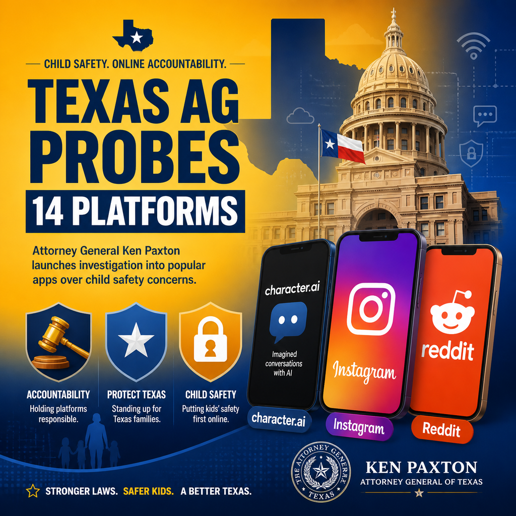 AG do Texas investigará 14 plataformas, incluindo Character.ai, Instagram e Reddit, para verificar conformidade com SCOPE e TDPSA