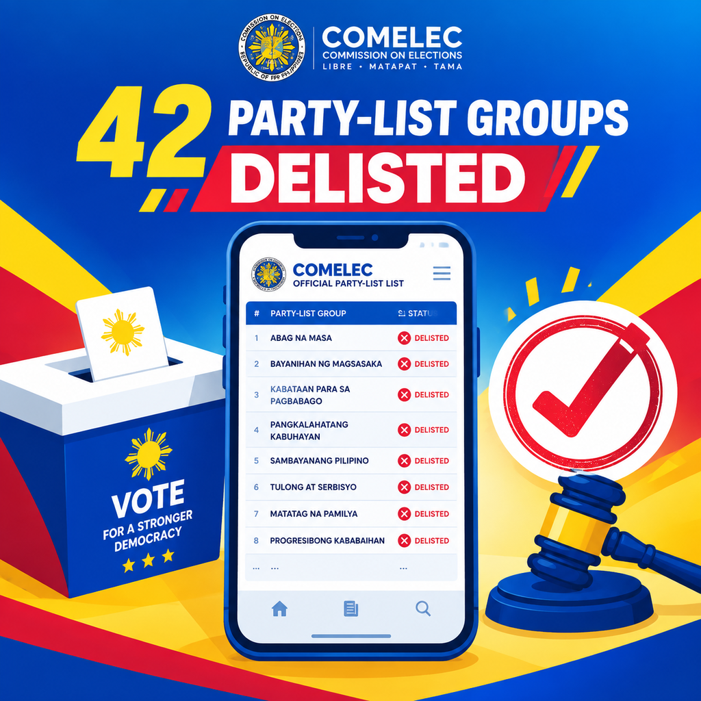 LOOK: 42 delisted and cancelled party-list groups as ordered by the Commission on Elections (Comelec). #Halalan2025 | via Sherrie Ann Torres, ABS-CBN News (📷: Chairman Erwin Garcia)