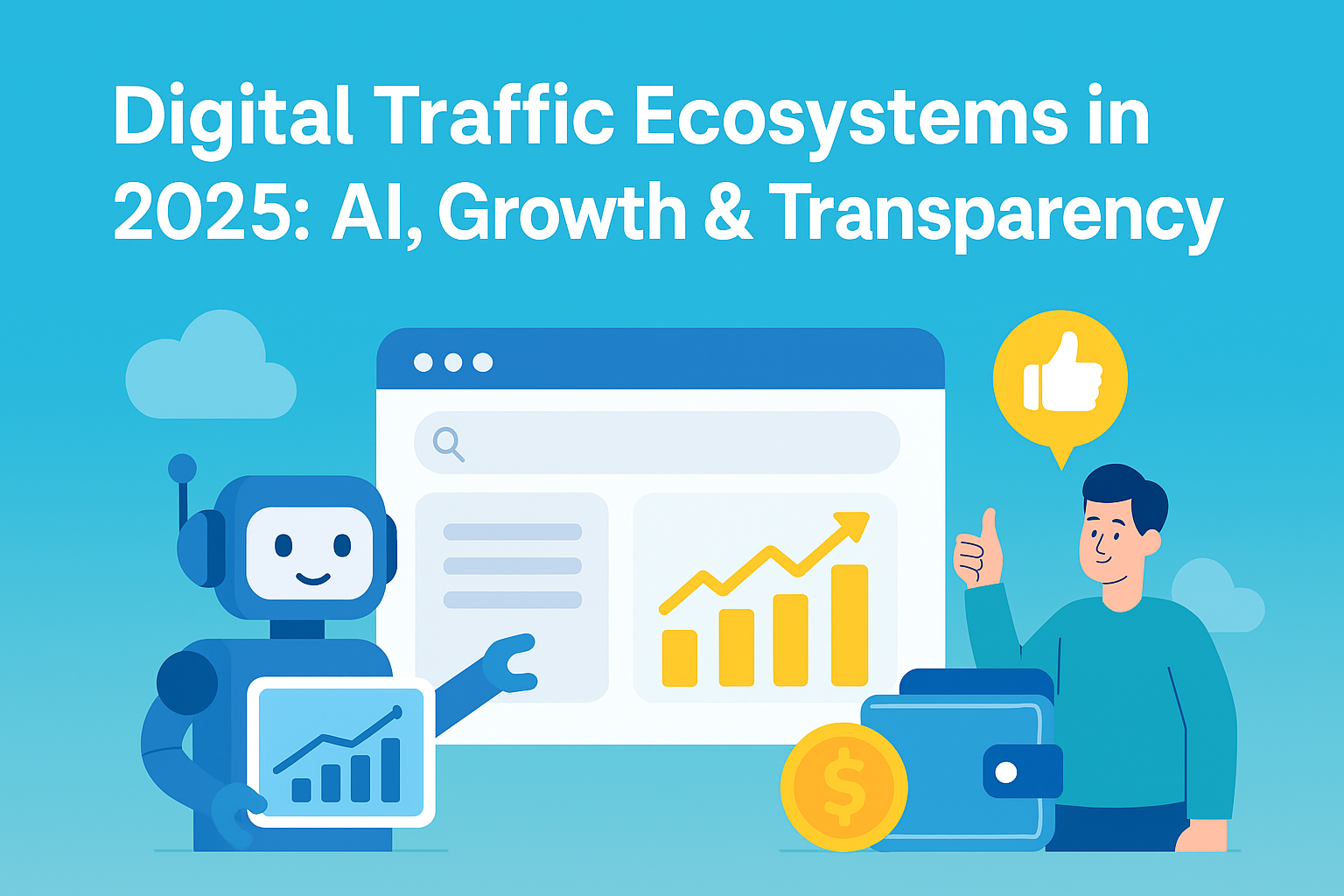 Digital traffic ecosystem illustration with AI automation, global connectivity, and growth charts for 2025 strategies