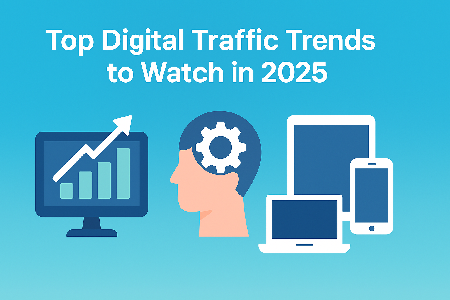Illustration of top digital traffic trends 2025 with growth chart, AI, and multi-platform devices