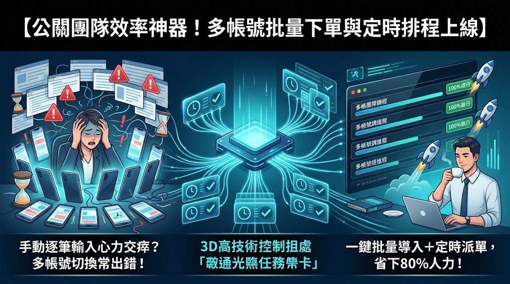 【功能解鎖】多帳號批量下單與定時排程上線！專為公關代理商設計的效率神器