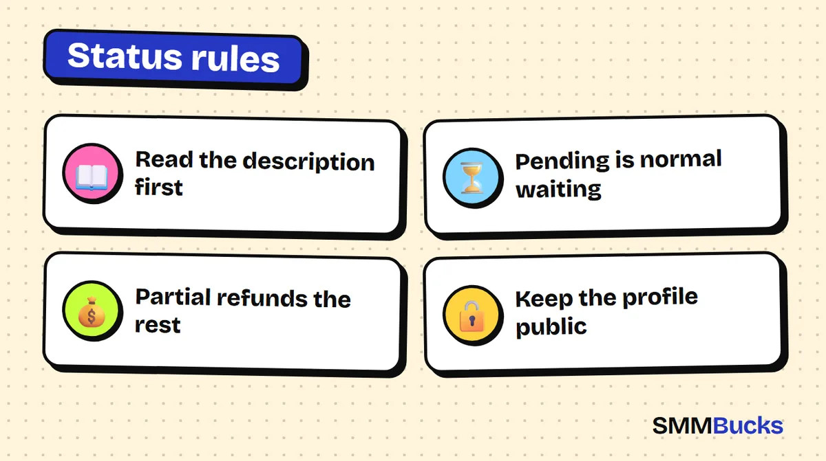 Status rules: Read the description first, Pending is normal waiting, Partial refunds the rest, Keep the profile public
