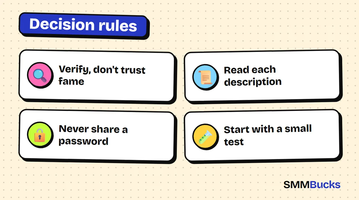 Decision rules: Verify, don't trust fame, Read each description, Never share a password, Start with a small test