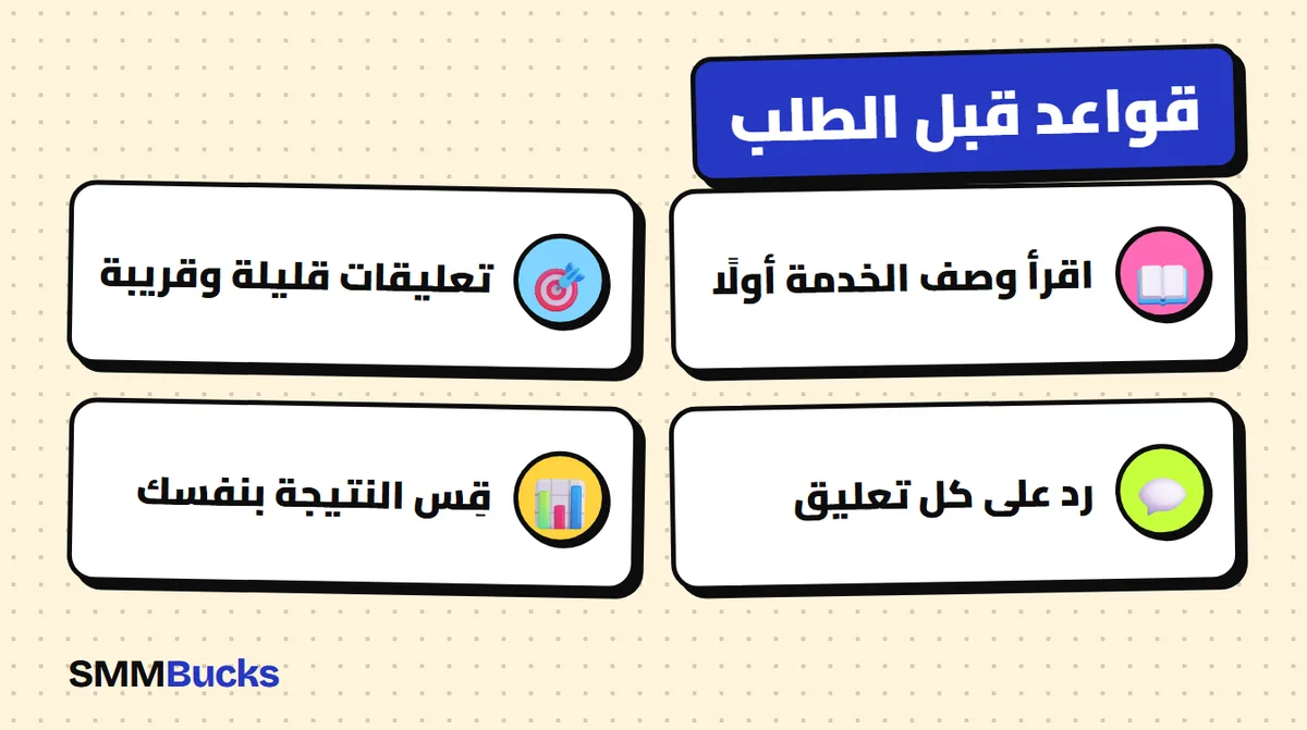 قواعد قبل الطلب: اقرأ وصف الخدمة أولًا، تعليقات قليلة وقريبة، رد على كل تعليق، قِس النتيجة بنفسك