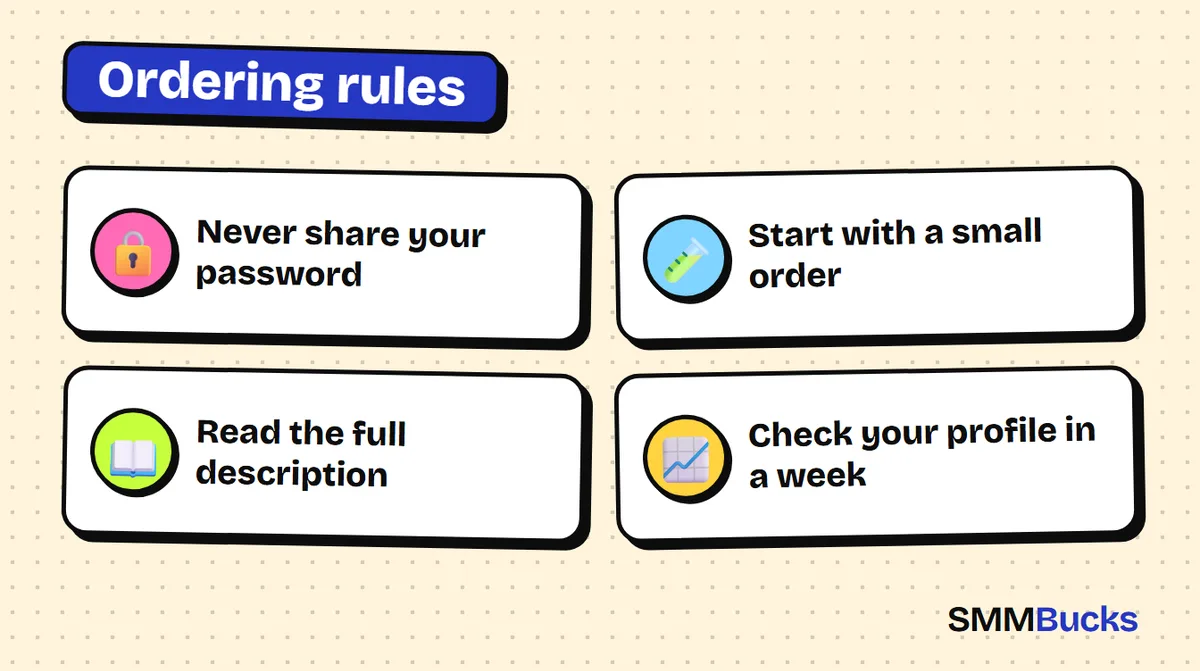 Ordering rules: Never share your password, Start with a small order, Read the full description, Check your profile in a week